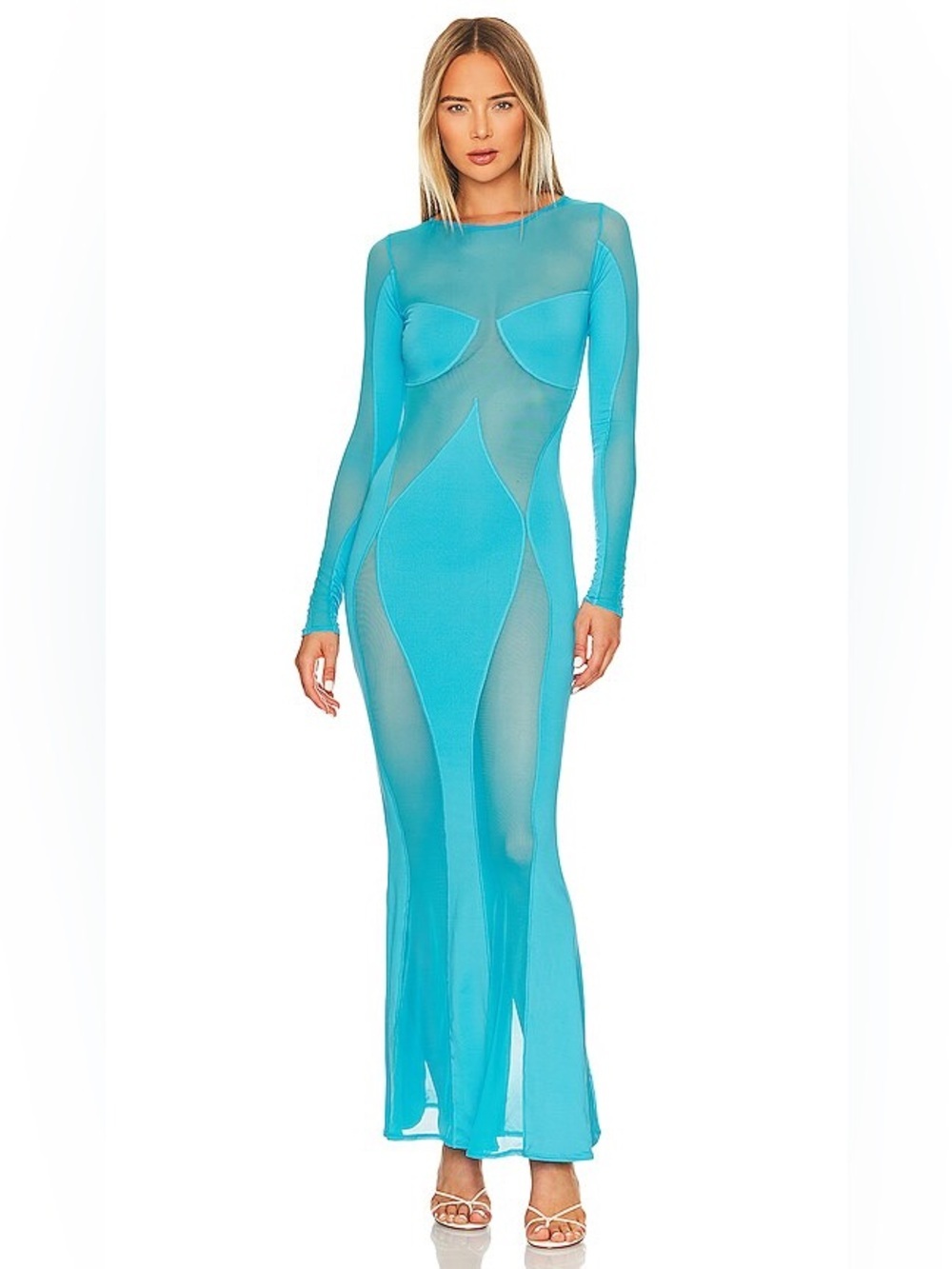OW Collection Long Sleeve Mesh Sierra Maxi Dress in Malibu Blue - HOLE
